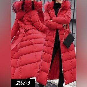 Elegant Red Long Puffer Coat with Fur Trim